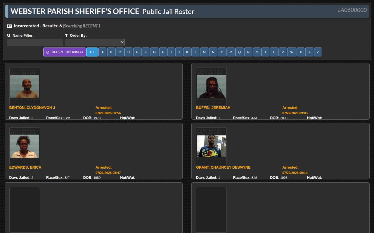 Webster Parish current jail roster, not a 24-hour release list