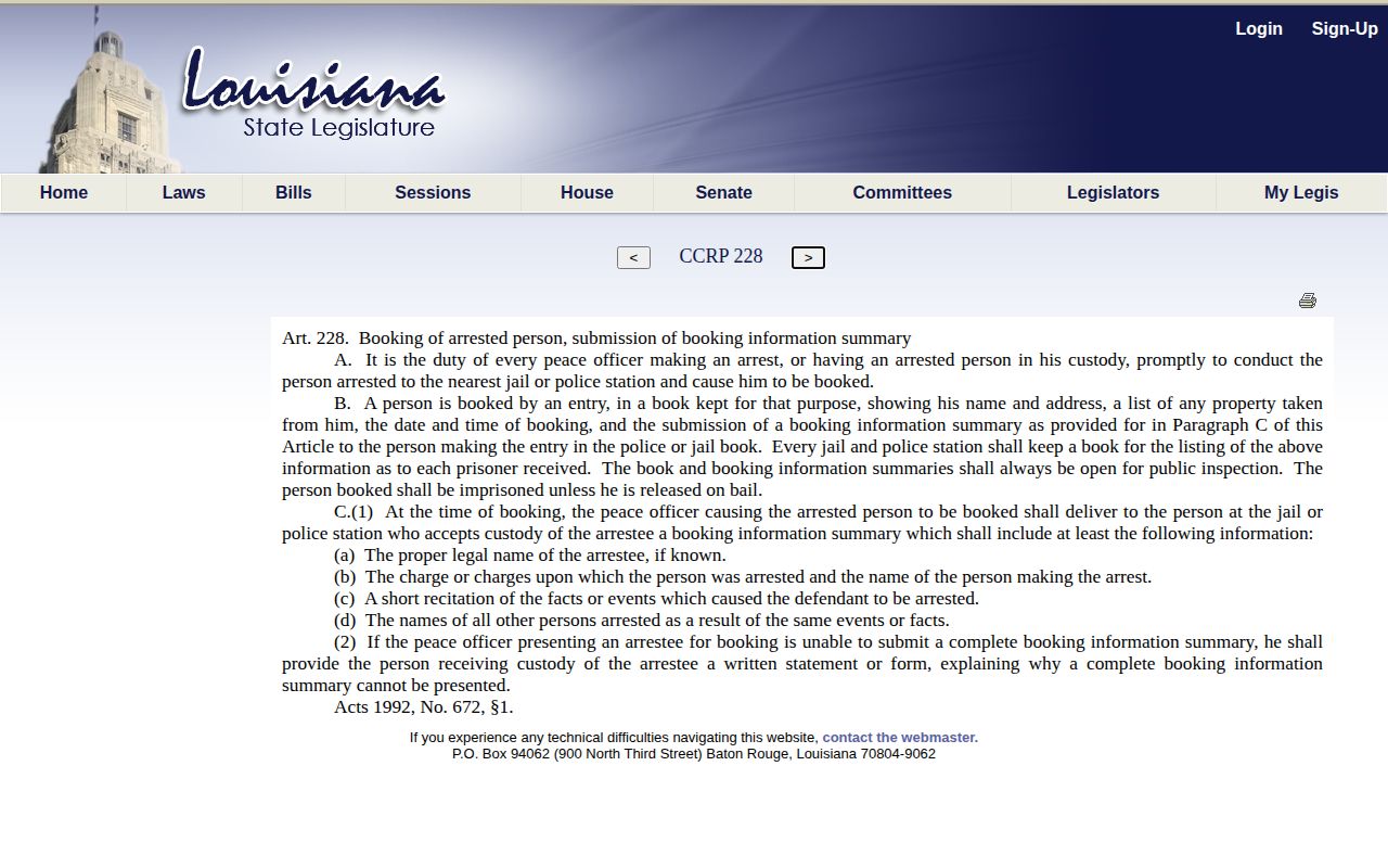 Louisiana booking summary law for Webster Parish 24-hour release records