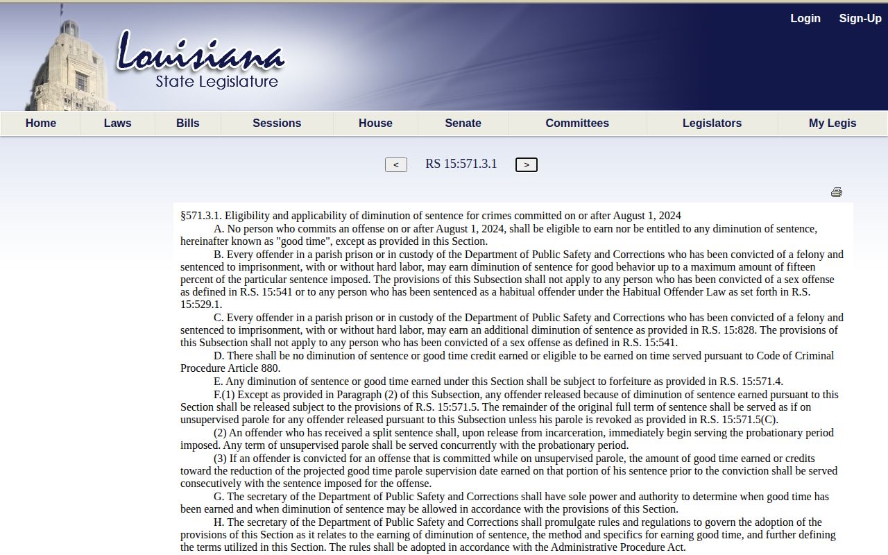 Current Louisiana good-time statute for a Webster Parish projected release date