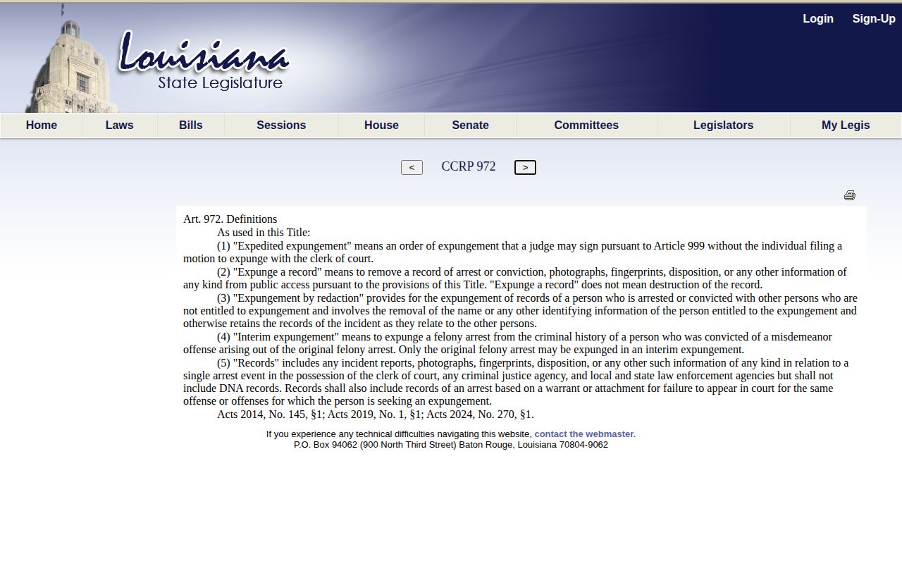 Louisiana expungement definitions for a Webster Parish release mugshot