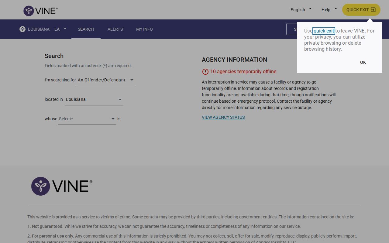 Webster Parish VINELink inmate search on the Louisiana person-search screen